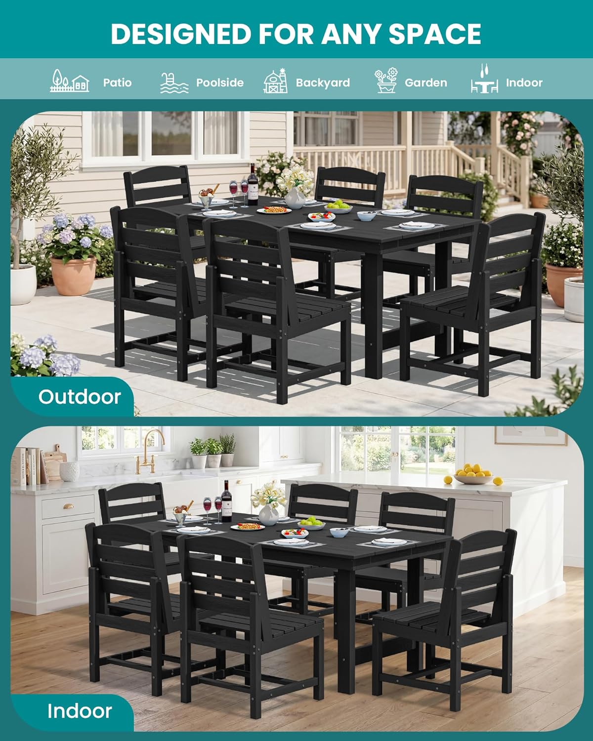 SERWALL Patio Dining Sets for 10 Person, HDPE Dining Set with 2 Tables, 8 Armless Chairs and 2 Armed Dining Chairs, Black