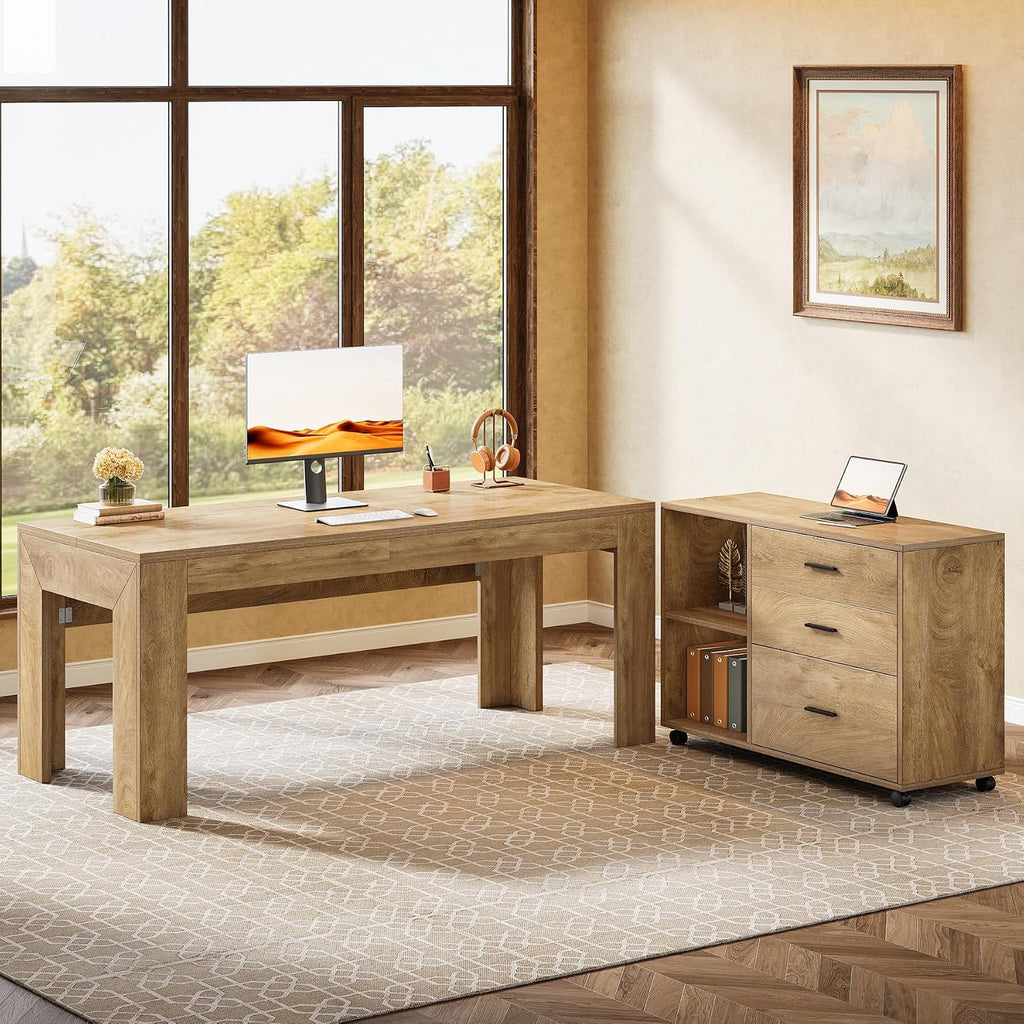 Tribesigns 63' L Shaped Desk with Storage, Executive Office Desk with Rolling File Cabinet Combo, Large Computer Table with Drawers and Shelves, Business Furniture Set for Home Office, Brown