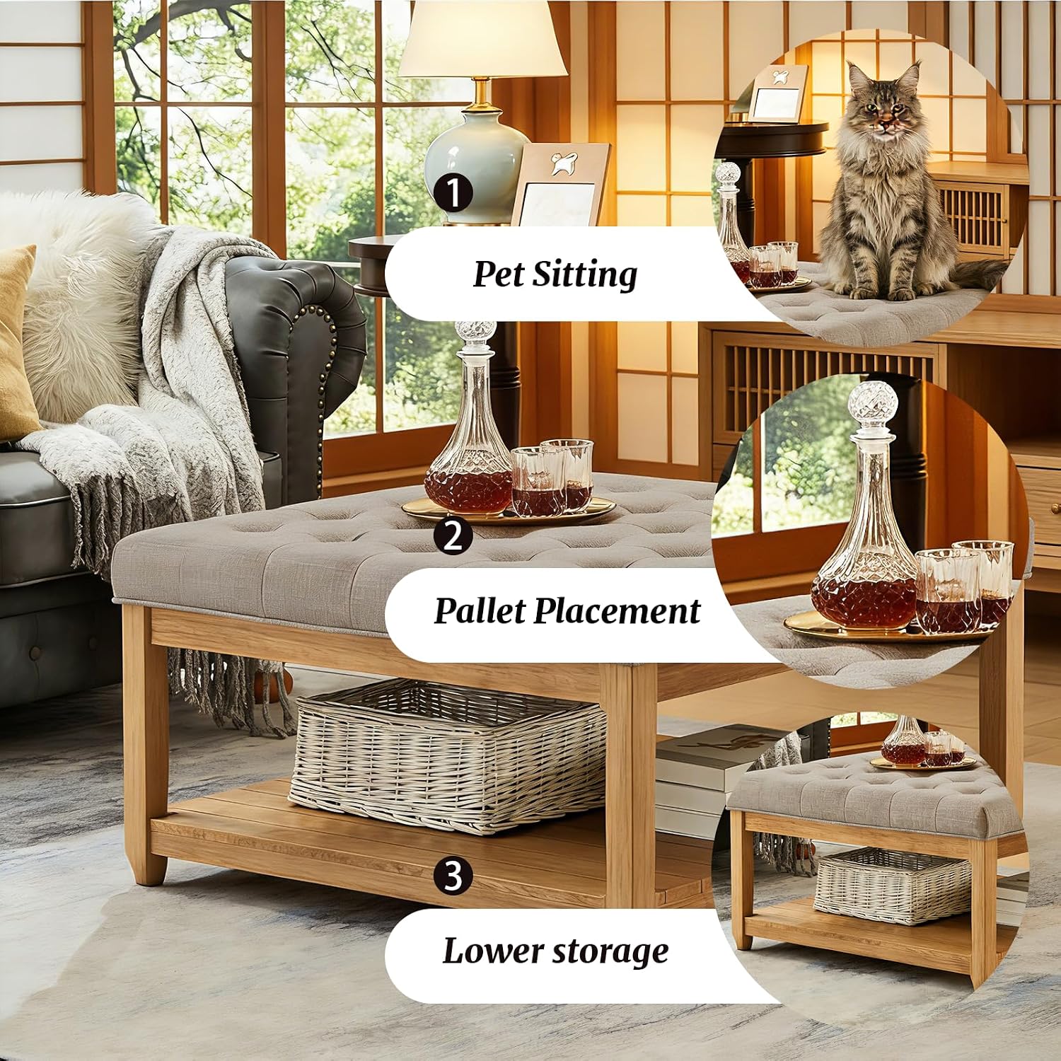 Ottoman Coffee Table, Upholstered Square Coffee Table with Storage Solid Wood Shelf, Linen Large Footrest Ottoman Pouf for Living Room, Linen