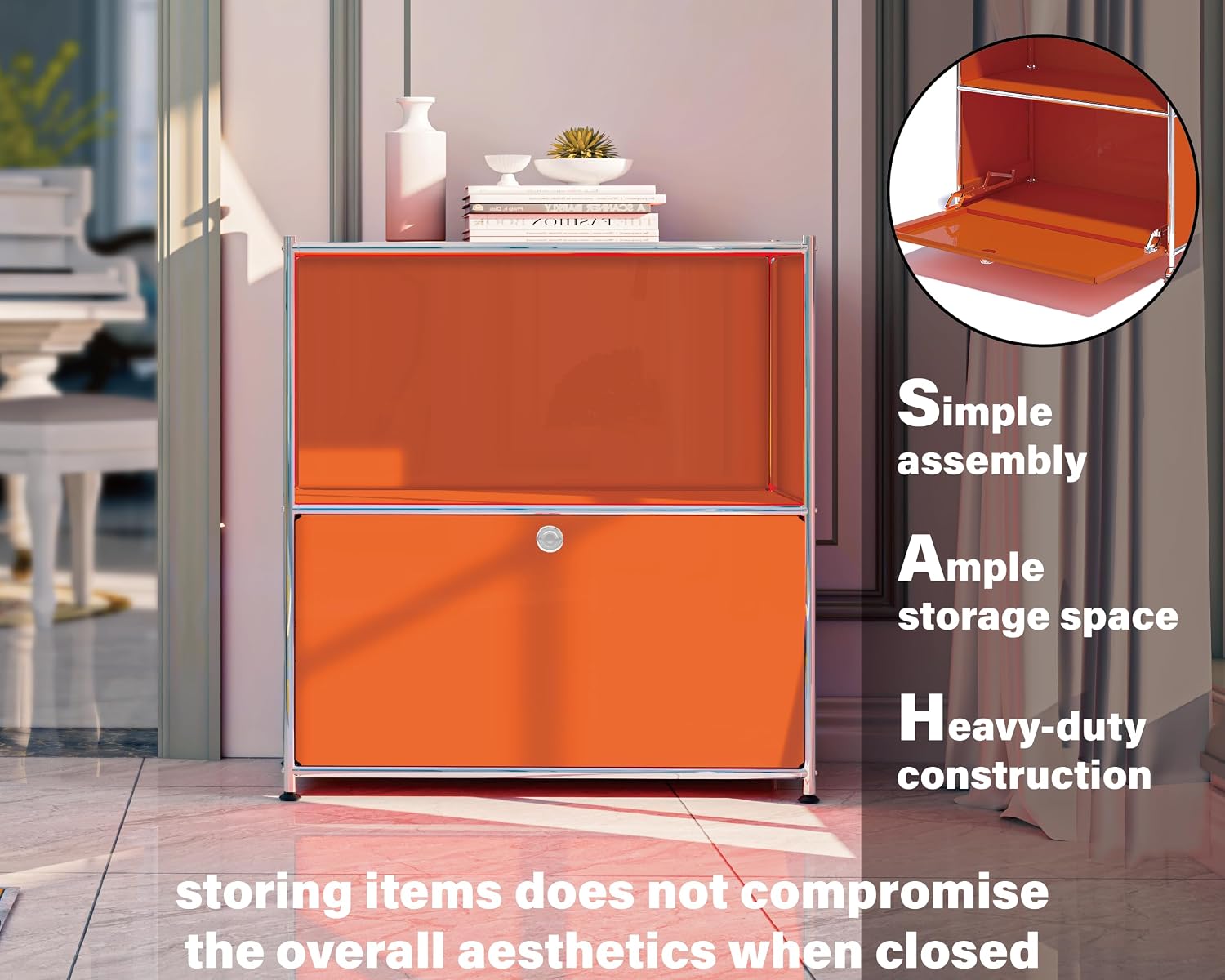 32.5-Inch Flip-Top Storage Cabinet with Detachable Wheels, Metal Side Table and Small Sideboard Cabinet for Living Room, Bedroom, Office, Orange