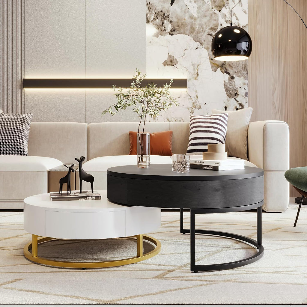 Modern Round Lift-top Nesting Coffee Tables with 2 Drawers for Living Room White & Black