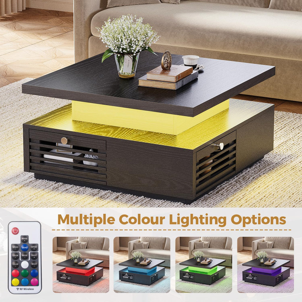 IRONCK Mid Century Modern Coffee Table with LED Lights & Charging Station, 4 Storage Drawers with Grille Design, Square Wood Coffee Table for Living Room Office, (Black)