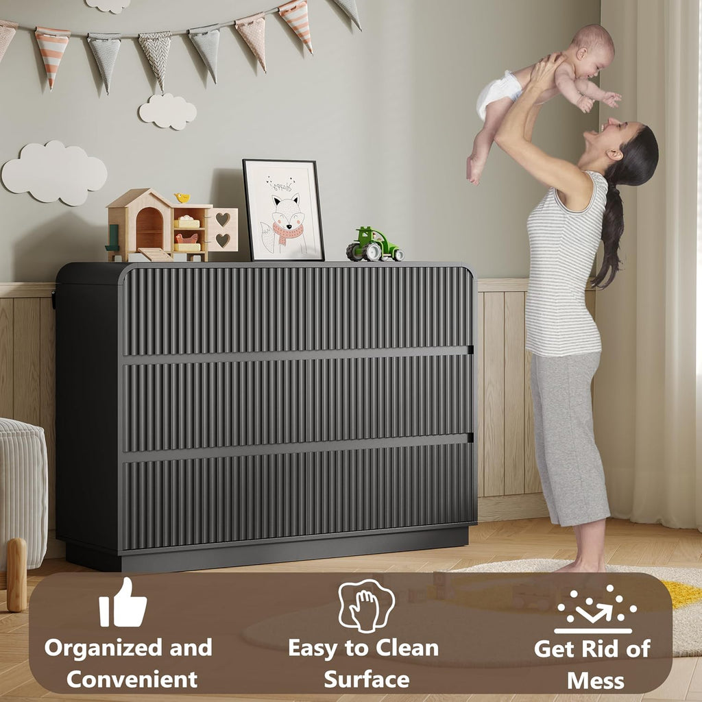 BORNOON Dresser for Bedroom with 6 Drawers, Fluted Chest of Drawers with Round Curved Corner, Hidden Handles, Modern Wood Storage Organizer for Bedroom, Nursery, Living Room