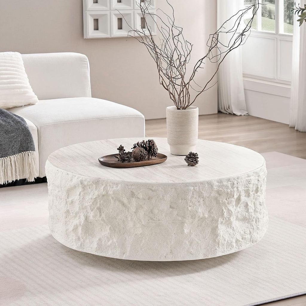 WILLIAMSPACE 35.4' Round Travertine Coffee Table for Living Room,Modern Circle Drum Center Table with Faux Stone Tea Table for Apartment, Fiberglass, No Need Assembly (Beige Cement Stone Pattern)