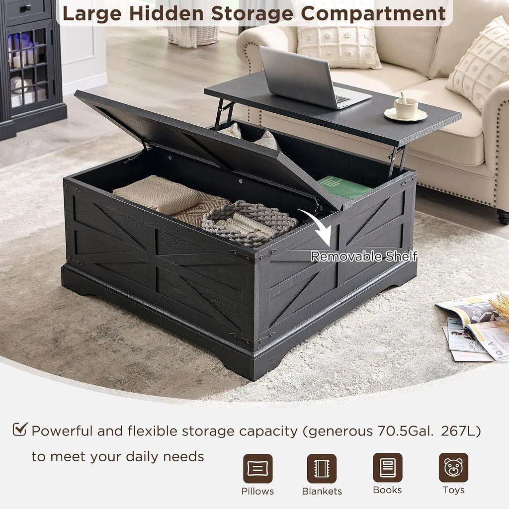 JXQTLINGMU 36' Lift Top Coffee Table with Storage, Farmhouse Square Center Table with Large Hidden Compartment, Wood Lift Tabletop Dining Table for Home Living Room, Black