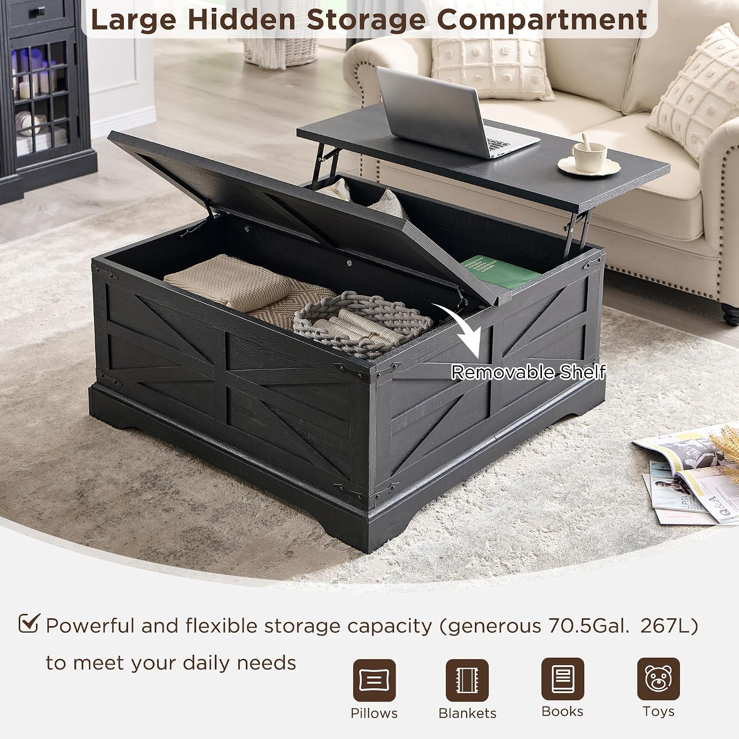 JXQTLINGMU 36' Lift Top Coffee Table with Storage, Farmhouse Square Center Table with Large Hidden Compartment, Wood Lift Tabletop Dining Table for Home Living Room, Black