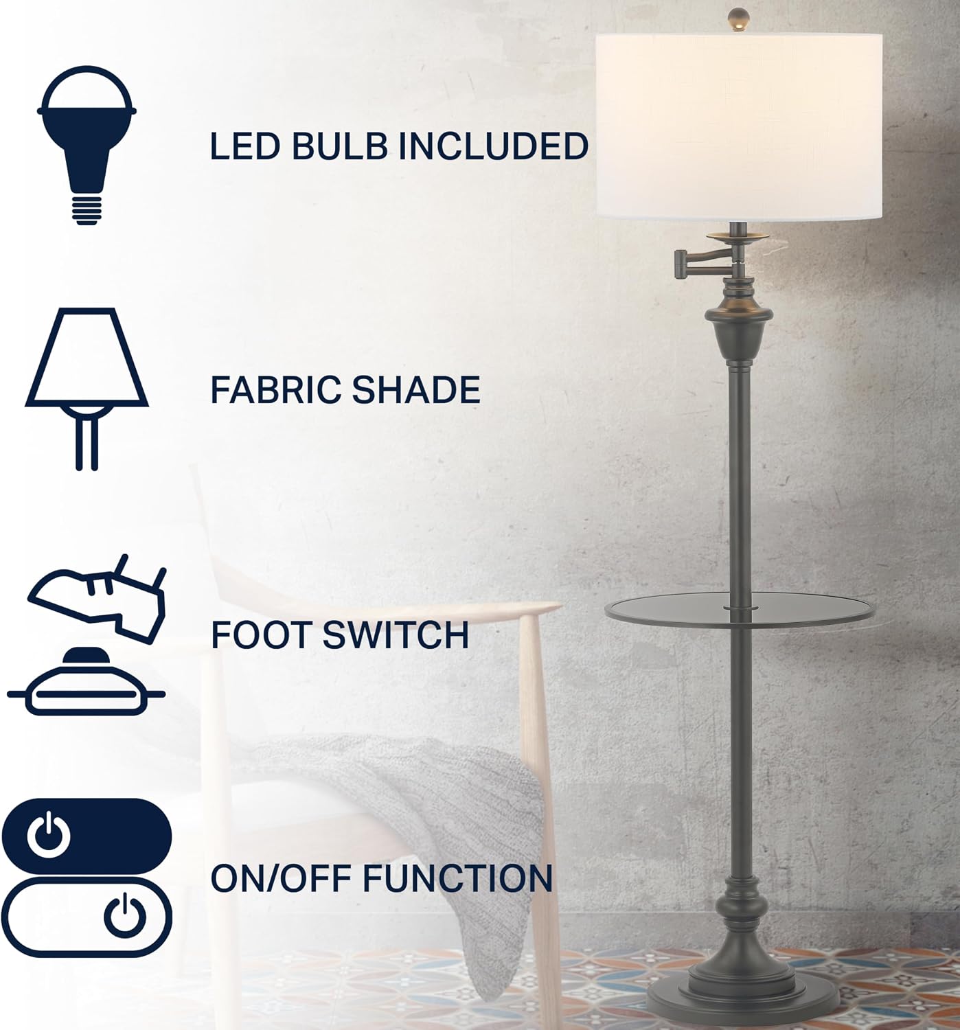 JONATHAN Y 60' Black Floor Lamp with Integrated Glass Side Table, Modern Swing Arm Standing Lamp for Living Room, White Linen Shade, LED Bulb Included (JYL3055D)