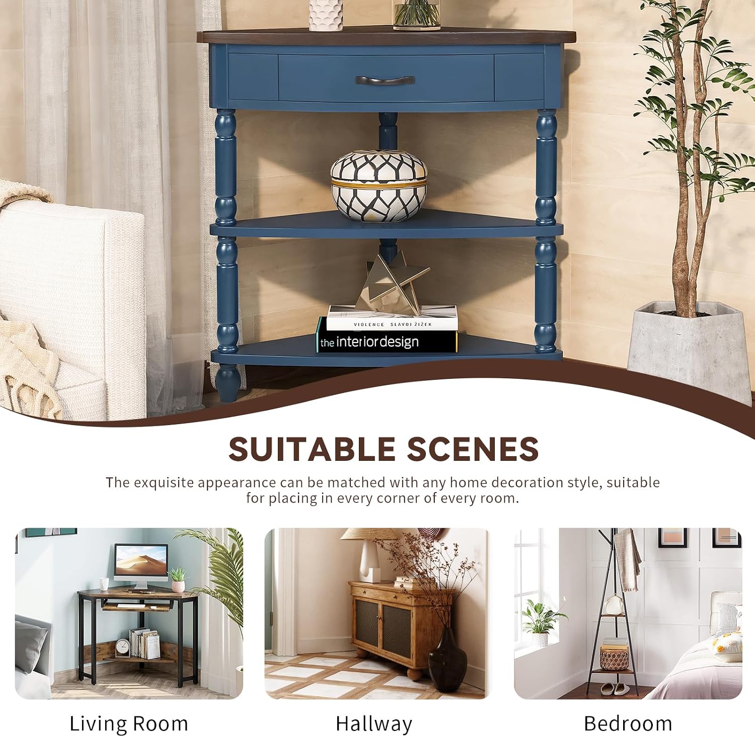 33.86' Corner Table, Wood 3 Tier Triangle Side Table Corner Shelf Stand with Solid Wood Legs 1 Drawer & 2 Storage Shelves for Living Room Small Space (Navy Blue)