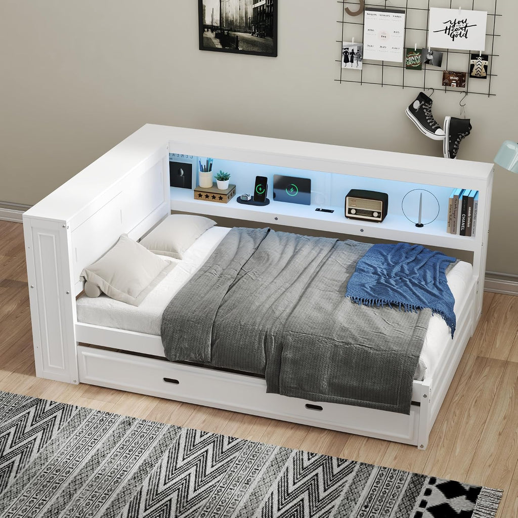 LUMISOL Full Size Corner Bed with Storage Shelves & Trundle, Wooden L-Shaped Day Bed Frame with Charging Station & LED Lighting for Living Room or Guestroom, White