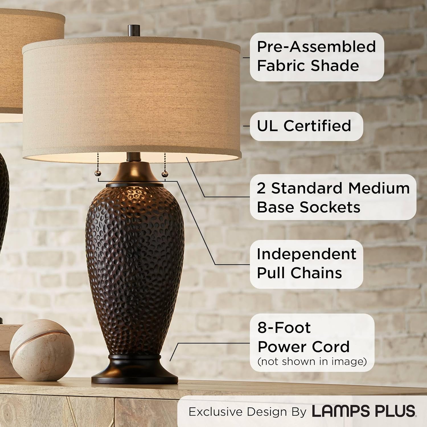 360 Lighting Cody Modern Industrial Rustic Table Lamps 26' High Set of 2 Hammered Oiled Bronze Brown Oatmeal Linen Drum Shade for Living Room Bedroom House Bedside Nightstand Home Office