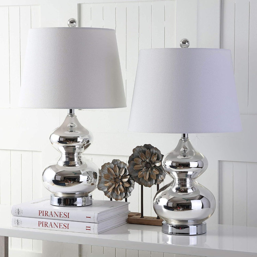 SAFAVIEH Lighting Collection Eva Modern Contemporary Silver Double Gourd Glass 24-inch Bedroom Living Room Home Office Desk Nightstand Table Lamp Set of 2 (LED Bulbs Included)