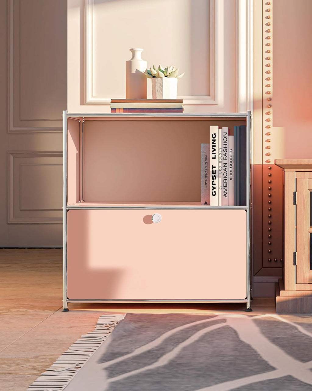 32.5-Inch Flip-Top Storage Cabinet with Detachable Wheels, Metal Side Table and Small Sideboard Cabinet for Living Room, Bedroom, Office, Orange