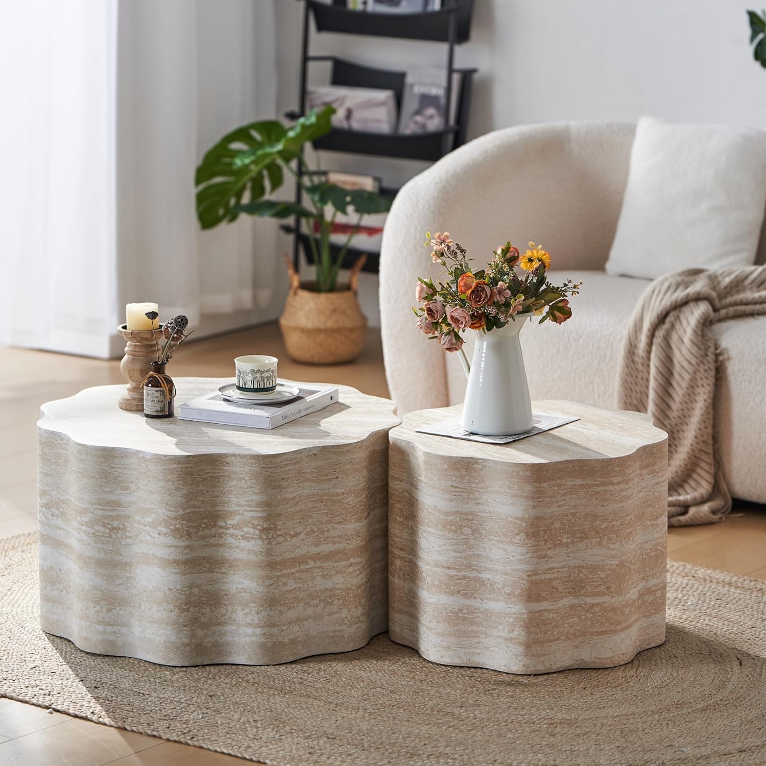JUSTONE Set of 2 Round Coffee Tables for Living Room,Modern Fiberglass Cream Style Coffee Table Minimalist Side Tables for Apartment,Office,Matte White