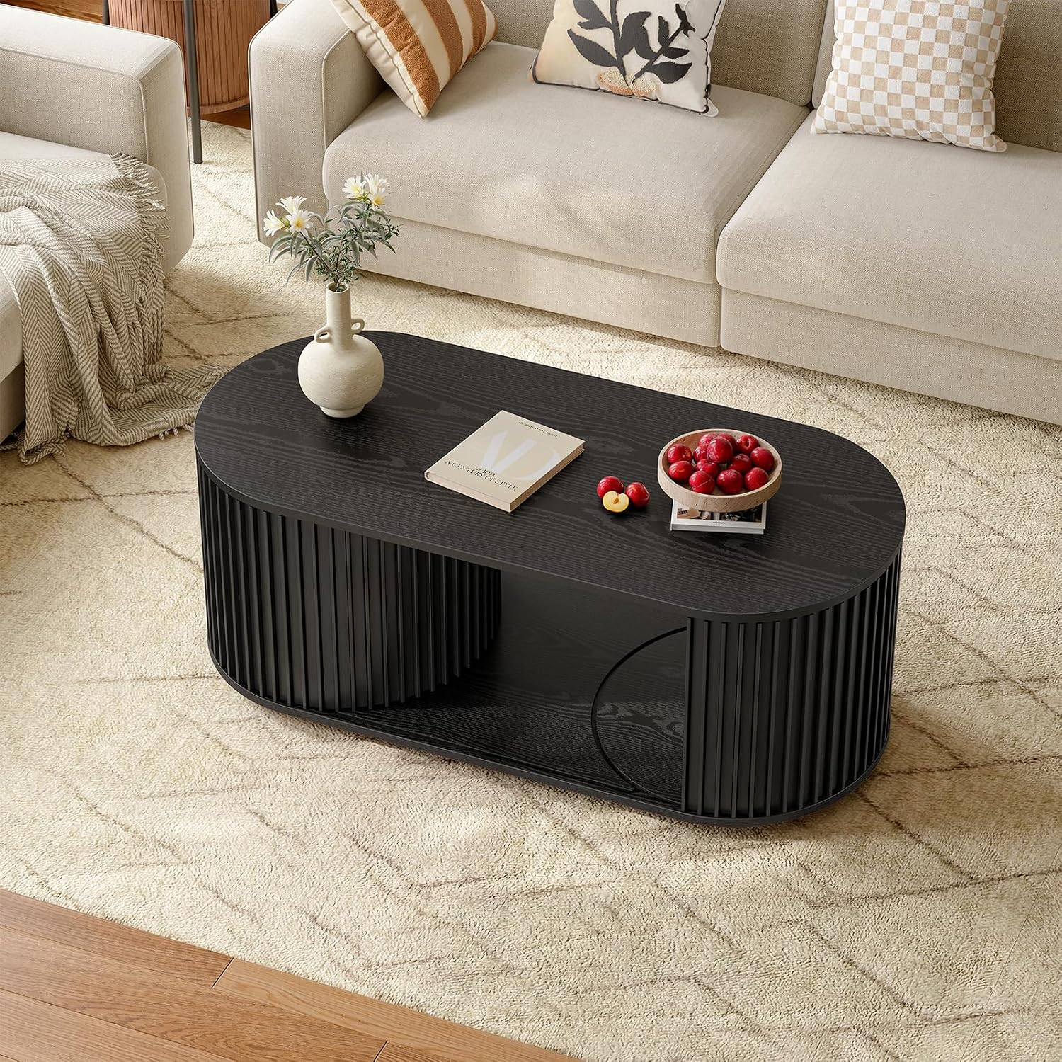 ONBRILL 47' Multi-Functional Coffee Table with Storage, Oval Coffee Table with Vertical Striped Sliding Door & Round Base, Mid-Century Modern Center Table with Adjustable Shelf for Living Room, Black