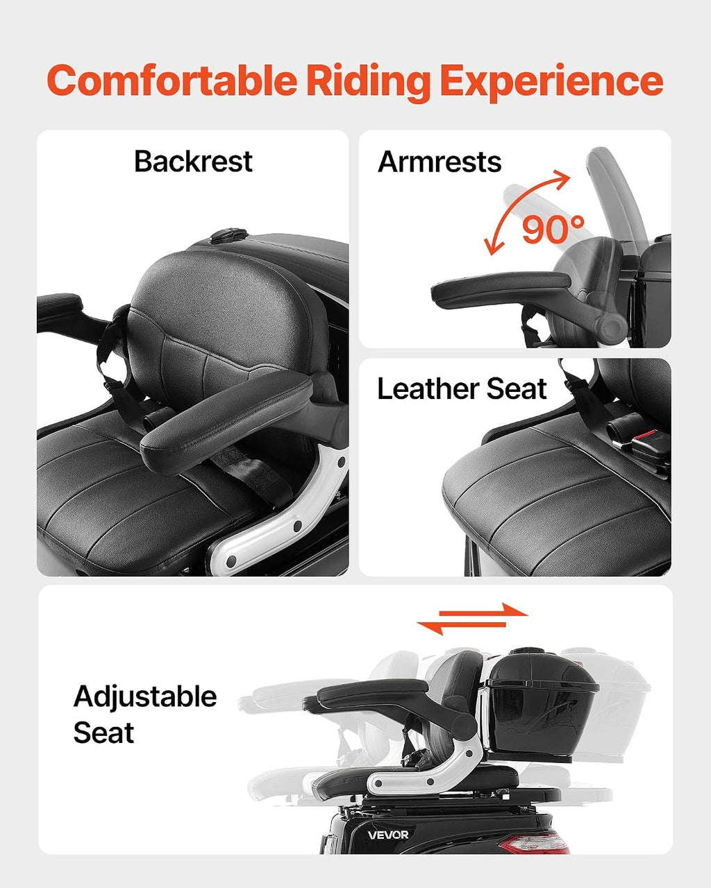 VEVOR Heavy Duty 3-Wheel Mobility Scooters for Seniors & Adults, 500lbs Capacity, 21.5 Miles 3-Speed Long Range, 1000W All Terrain Electric Recreational Scooter Wheelchair, 20° Max Climbing Capacity
