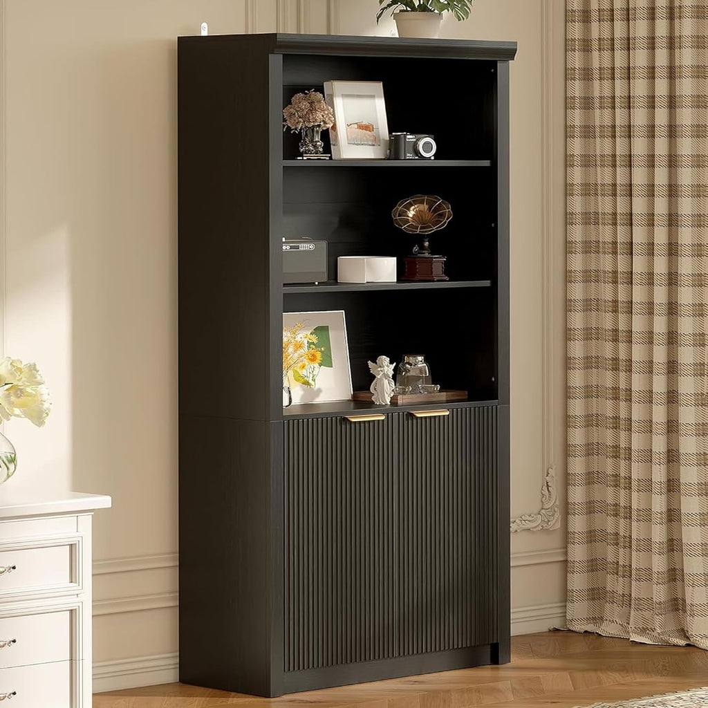 Tall Book Shelf and Bookcase, 31.5'Wide wooden Bookcase with Doors, Farmhouse Book Case with Large Storage, 5-Shelf Bookcases with Adjustable top Shelve for Home Office, Living Room, Black