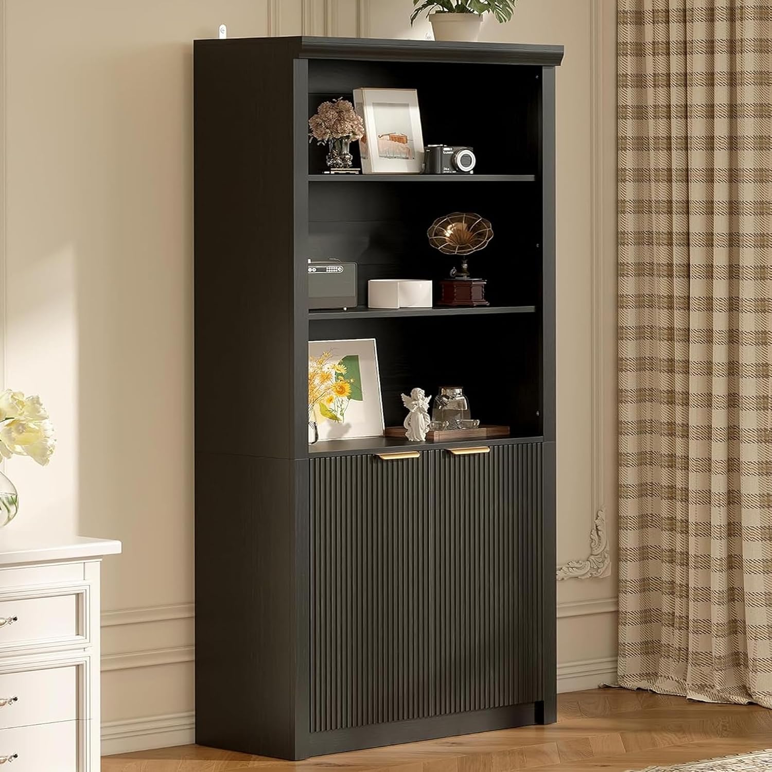 Tall Book Shelf and Bookcase, 31.5'Wide wooden Bookcase with Doors, Farmhouse Book Case with Large Storage, 5-Shelf Bookcases with Adjustable top Shelve for Home Office, Living Room, Black