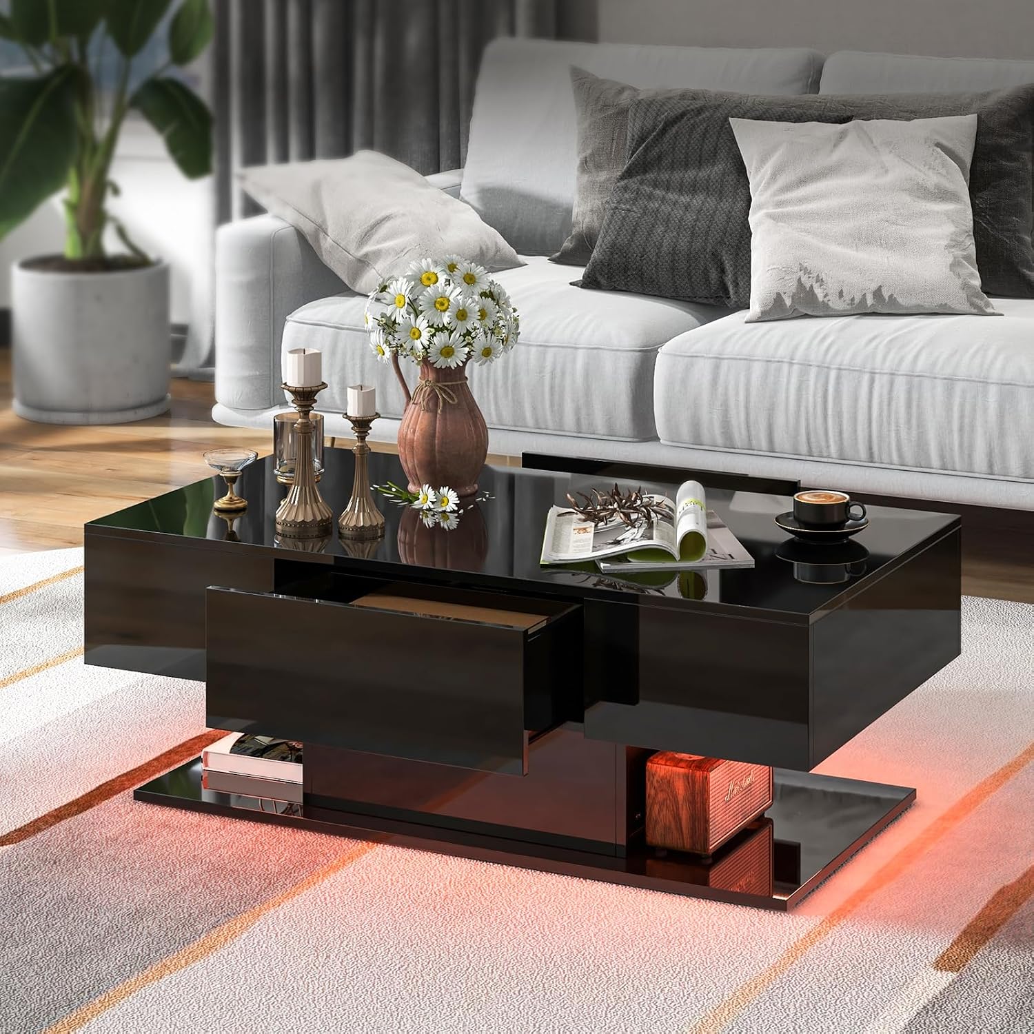 Tangkula LED Coffee Table with 2 Drawers, High Glossy Modern Center Table, 20-Color Dimmable LED Lights & Remote Control, 2-Tier Rectangle Coffee Table for Living Room (with Drawer, Black)