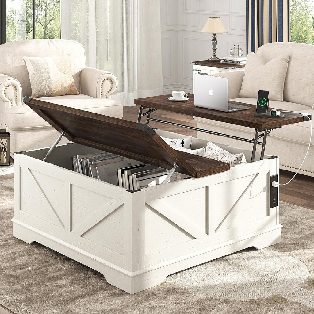 Hlivelood 40' Large Farmhouse Lift Top Coffee Table with Power Outlets and Large Hidden Storage, Square Wood Living Room Tables, Multi-Function Lift Wooden Barn Door Center Table, Rustic White