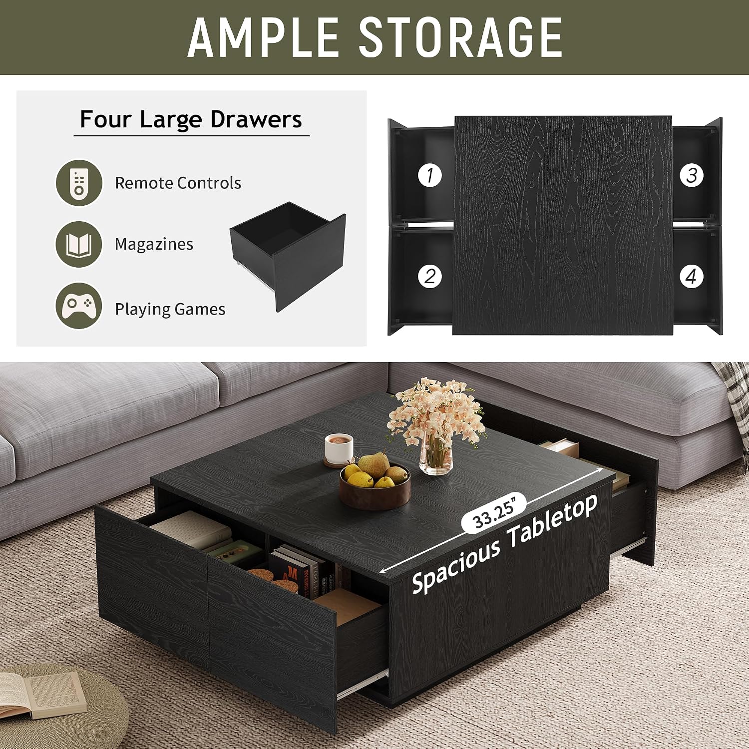 SSLine Square Coffee Table with 4 Storage Drawers,33.2-Inch Black Wooden Coffee Table for Living Room Minimalist Cocktail Center Tables for Small Space
