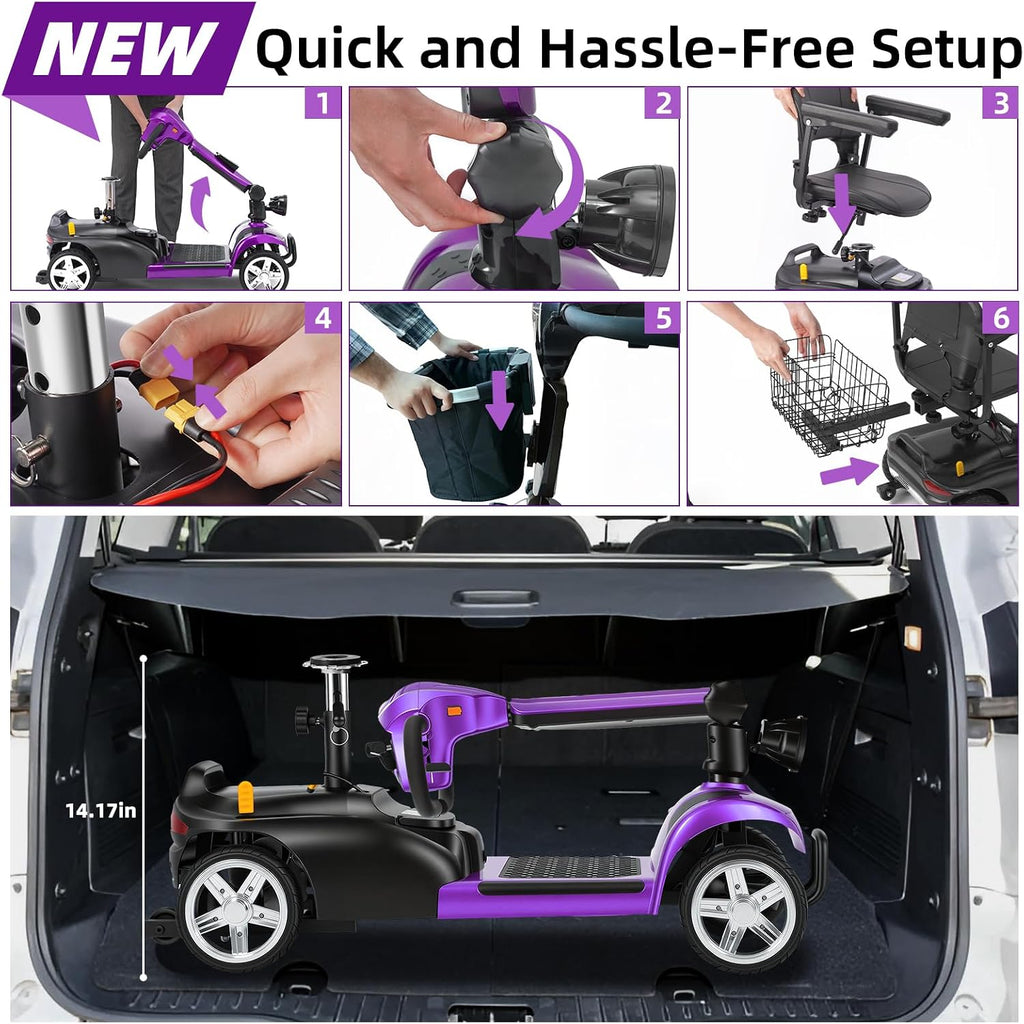20 Miles 4 Wheels Mobility Scooter for Seniors/Adults Up to 300LBS,350W Electric Wheelchair Detachable Lithium Battery,Dual Baskets,Rotating Seat,with Taillight, USB Charging, Purple