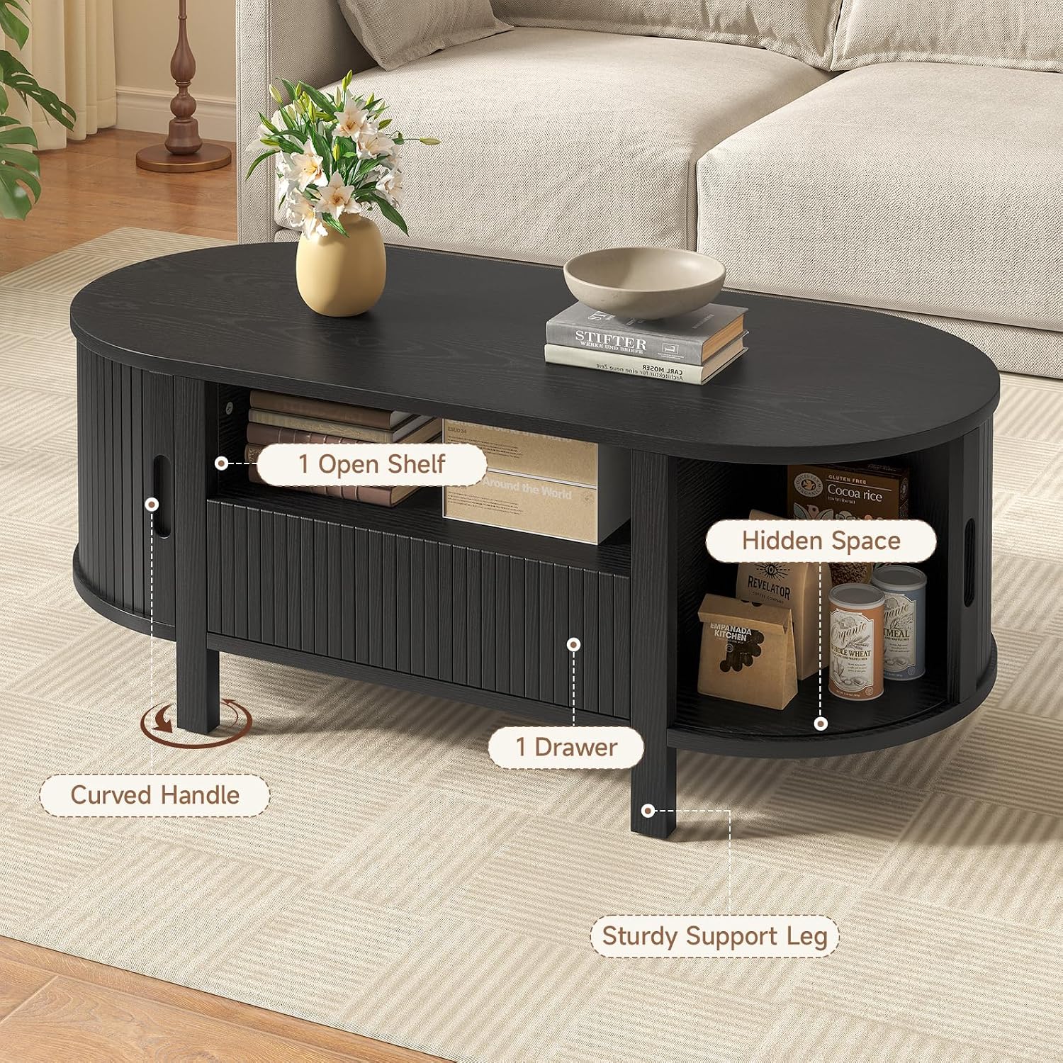 47.2' Fluted Coffee Table, Oval Coffee Table with 1 Drawer and 1 Open Shelf, Mid-Century Modern Center Tables with Storage and Sliding Doors, Coffee Tables for Living Room, Black