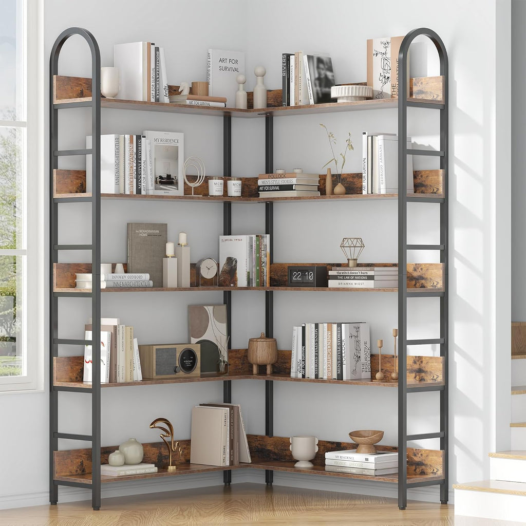 5 Tiers Tall Corner Bookshelf, Large Heavy Duty Industrial Corner Bookcase with Metal Frame, L Shaped Bookshelves and Bookcases Etagere Bookcase Display Storage Shelves for Living Room, Brown