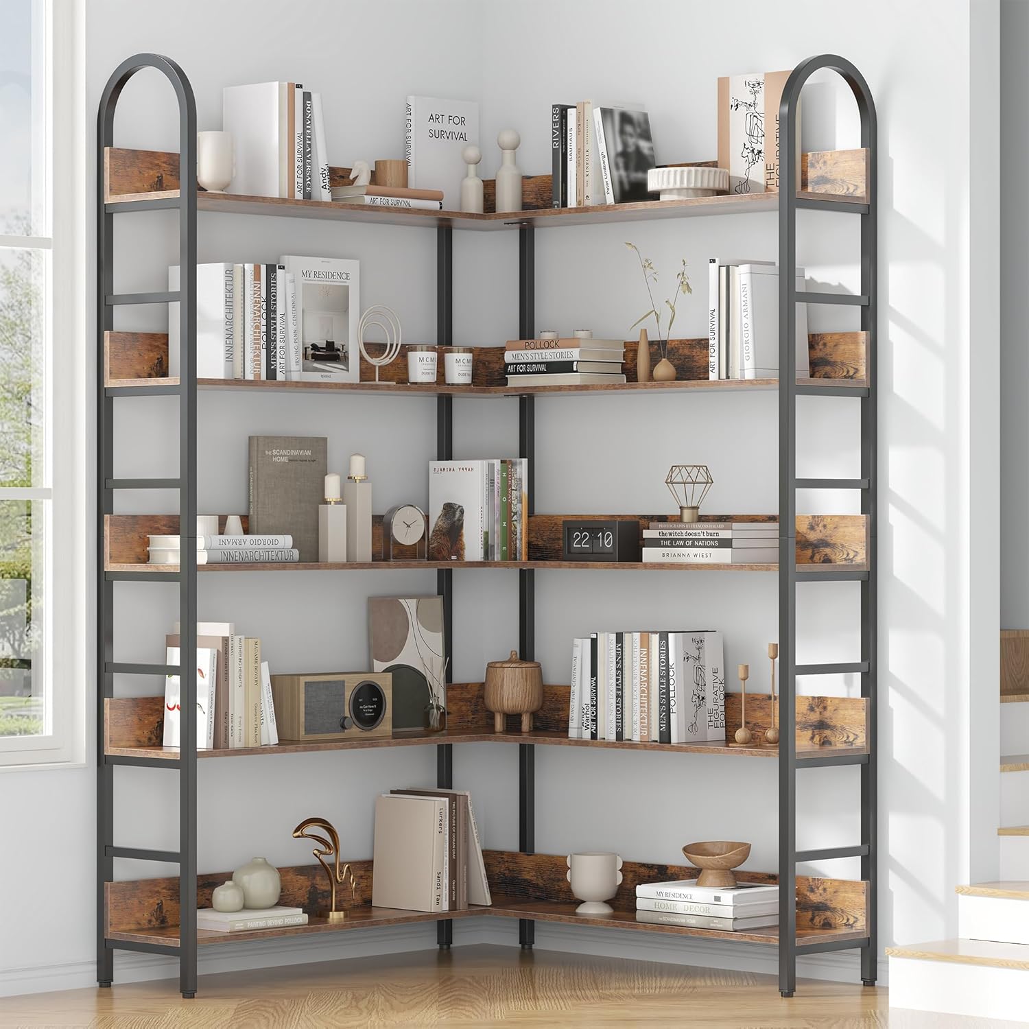 5 Tiers Tall Corner Bookshelf, Large Heavy Duty Industrial Corner Bookcase with Metal Frame, L Shaped Bookshelves and Bookcases Etagere Bookcase Display Storage Shelves for Living Room, Brown
