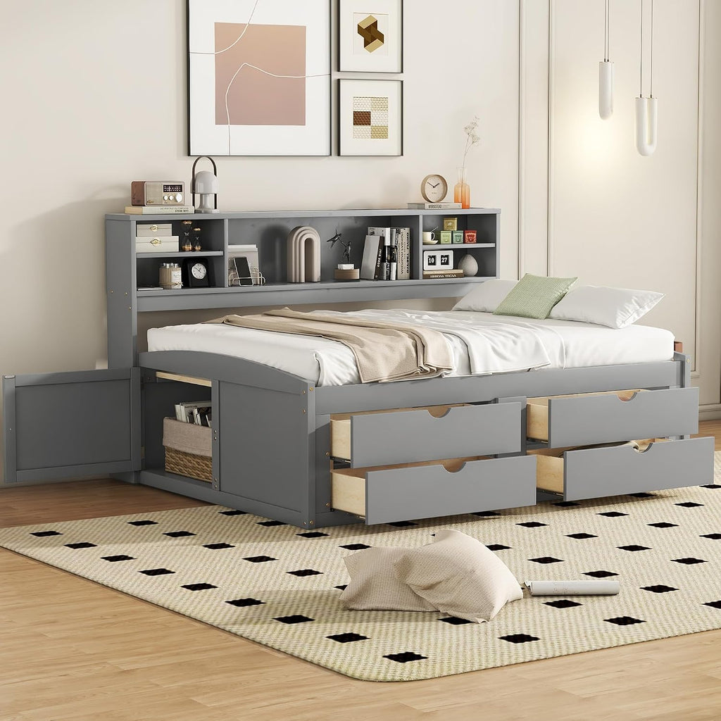 Merax Full Size Daybed with 2 Bedside Cabinets and 4 Drawers, Full Corner Bed Platform Bed with Upper Shelves for Bedroom, No Box Spring Needed, Gray