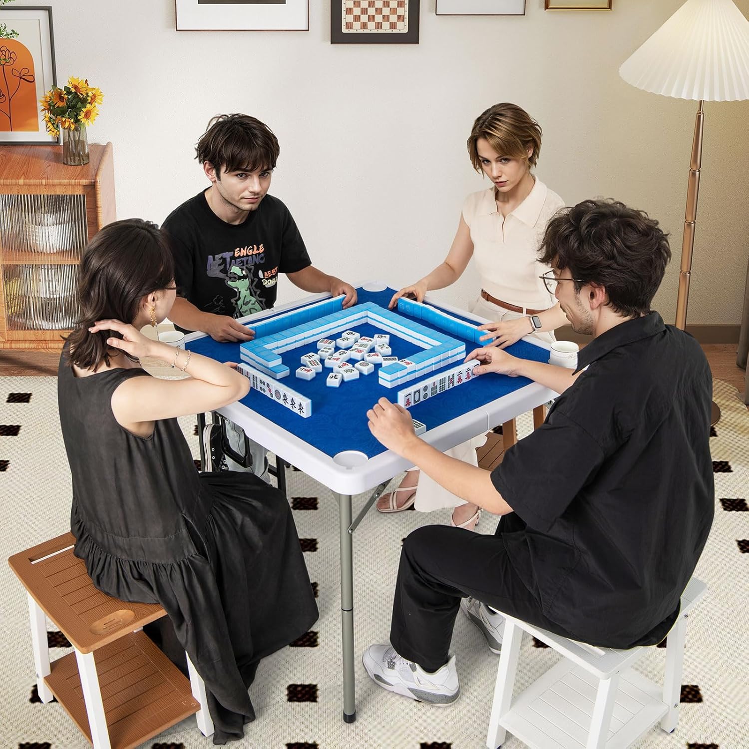 Goplus Mahjong Table, 35' Square Folding Card Table w/4Cup Holders, Anti Slip Mat, HDPE Tabletop, Metal Legs, Portable Mahjong Game Table for Domino Game, Picnic (Navy, Table w/Removable Mat)