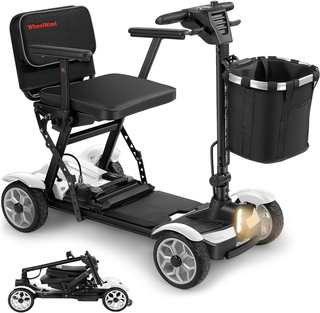 20 Miles Range Lightweight Mobility Scooter for Adults & Seniors - 47lbs Foldable 4 Wheel Travel Electric Scooter with Removable Battery, LED Lights - 300lb Capacity (White)