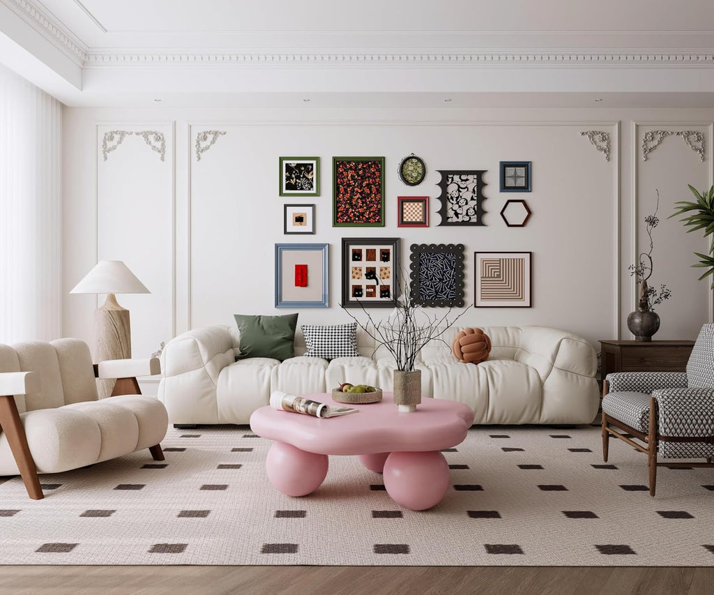 35.03' Cloud Coffee Table for Living Room Unique Coffee Table Modern Low Coffee Tables Cute Center Table with 3 Ball Legs for Small Space Apartment Cream Flower-Pink