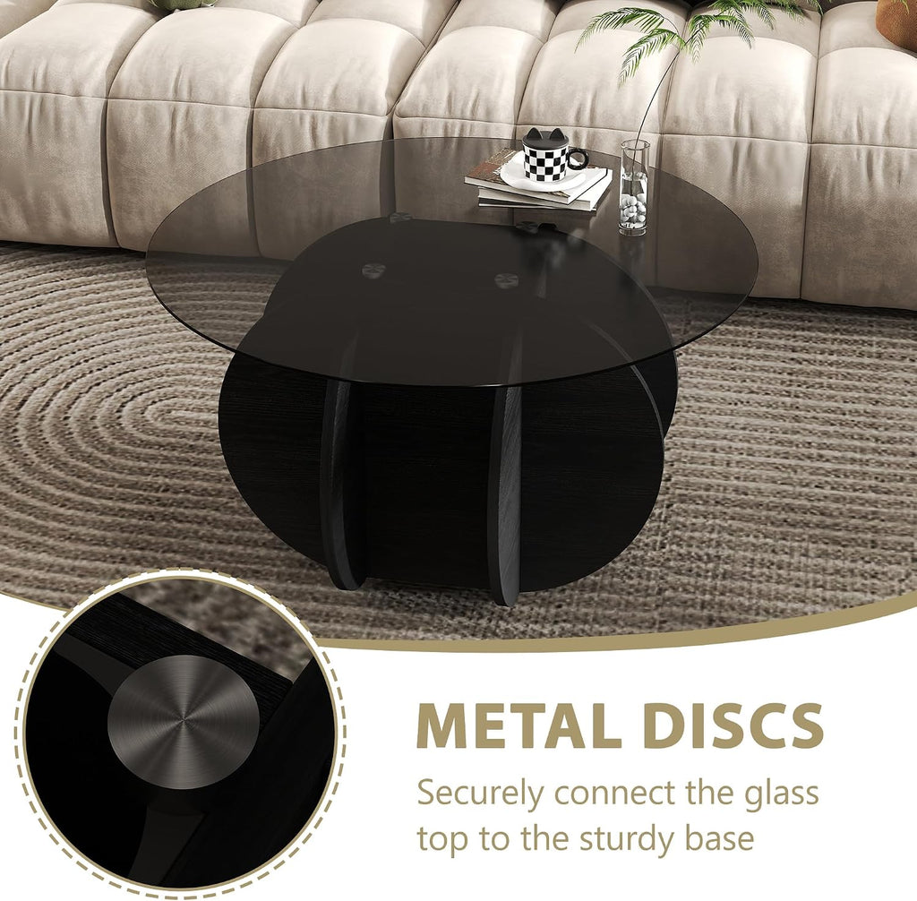 Glass Coffee Table, Round Coffee Table with Petal-Inspired Base, Modern Minimalist Coffee Table for Decoration, Black Coffee Tables for Living Room, Study Room, Office