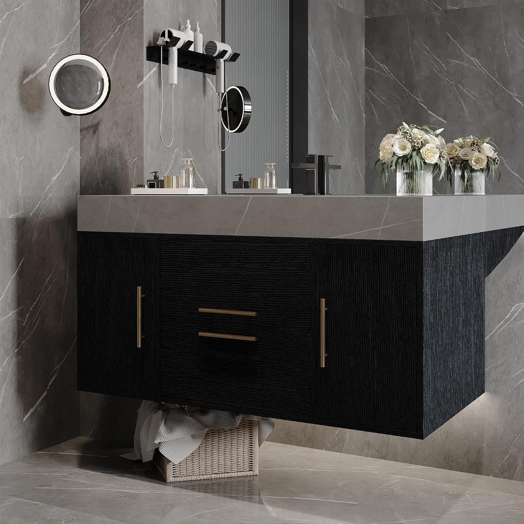 39.4' Bathroom Vanity with Oval Ceramic Sink, Floating Vanity Bathroom Sink Cabinet Wall Mount, Soft-Close Function 2 Large Hidden Drawers & Cabinet