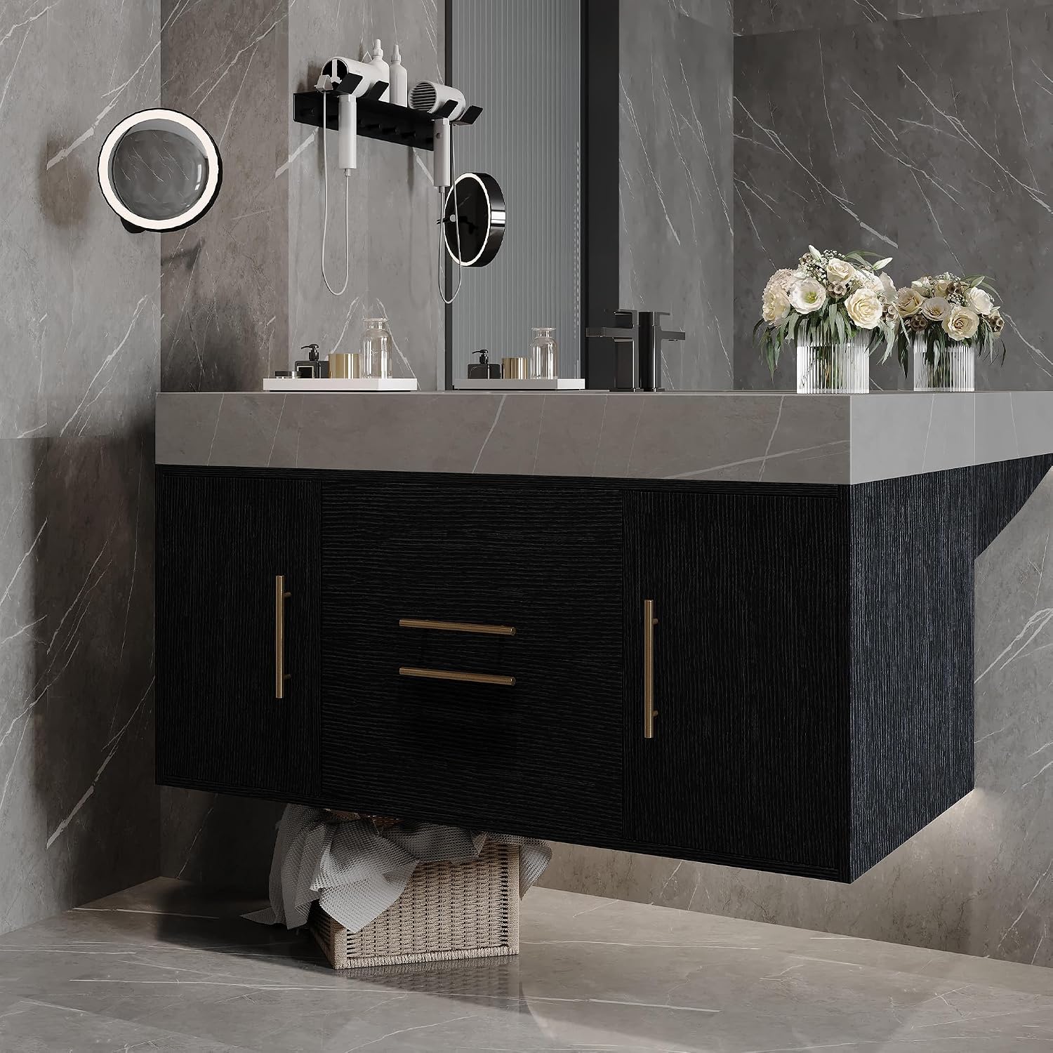 39.4' Bathroom Vanity with Oval Ceramic Sink, Floating Vanity Bathroom Sink Cabinet Wall Mount, Soft-Close Function 2 Large Hidden Drawers & Cabinet