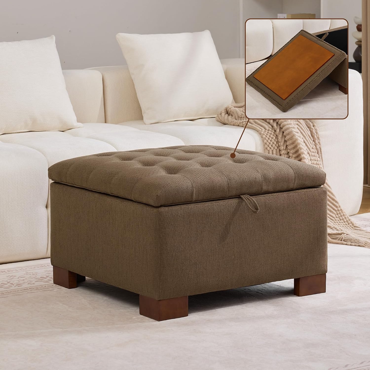 WUTUTUEE 30' Fabric Square Storage Ottoman with Wooden Tray, Modern Tufted Button Footstool Coffee Table, Upholstered Large Ottoman for Living Room, Bedroom, Brown