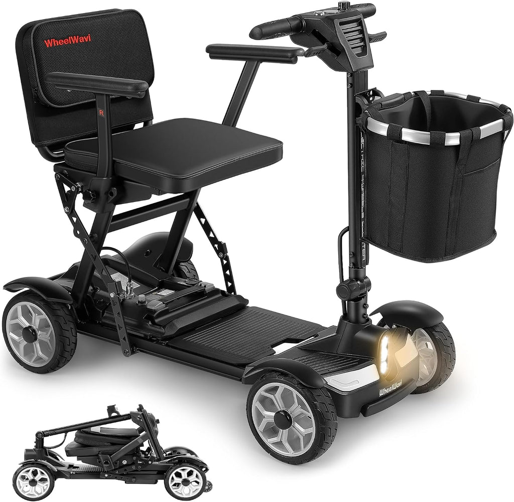 20 Miles Range Lightweight Mobility Scooter for Adults & Seniors - 47lbs Foldable 4 Wheel Travel Electric Scooter with Removable Battery, LED Lights - 300lb Capacity (Black)