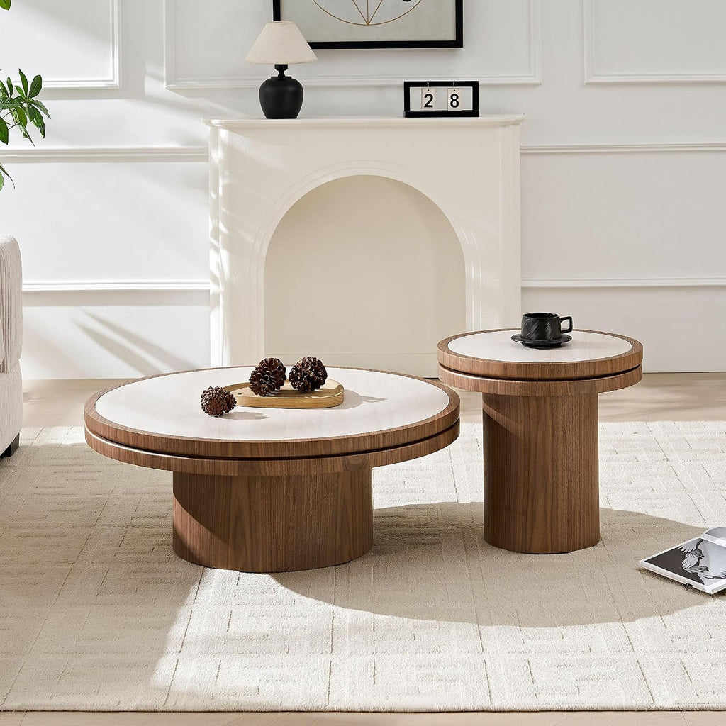 JUSTONE 19.49 '' Round Fluted Coffee Table Small Accent Table for Living Room,Modern Small Accent Table Sofa Side End Table for Living Room,Home Balcony(Walnut)