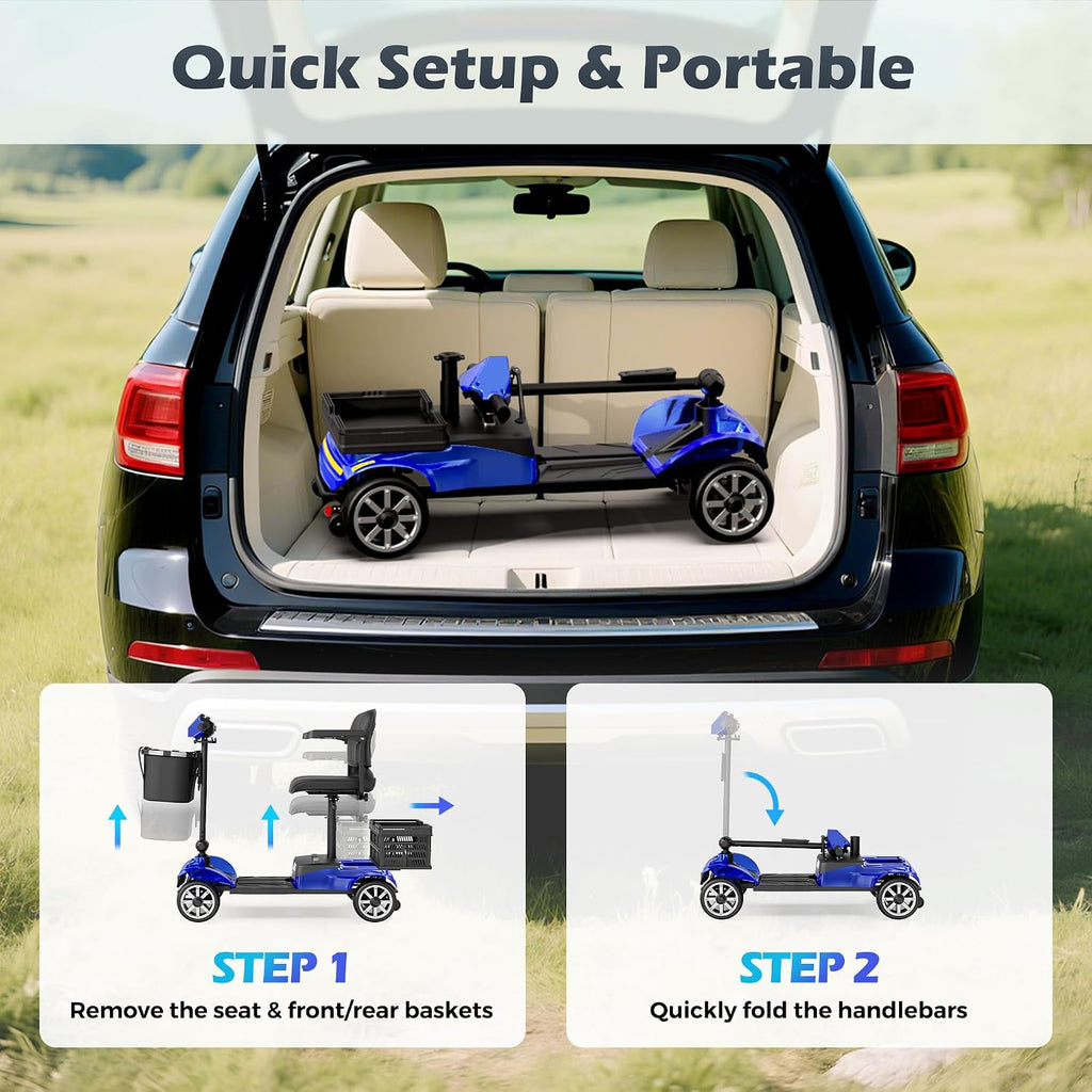 Mobility Scooter for Adults & Seniors with Removable Battery, Cruise & Airport Approved, Foldable Motorized Scooters with Dual Basket, Phone & Cup Holder, Blue