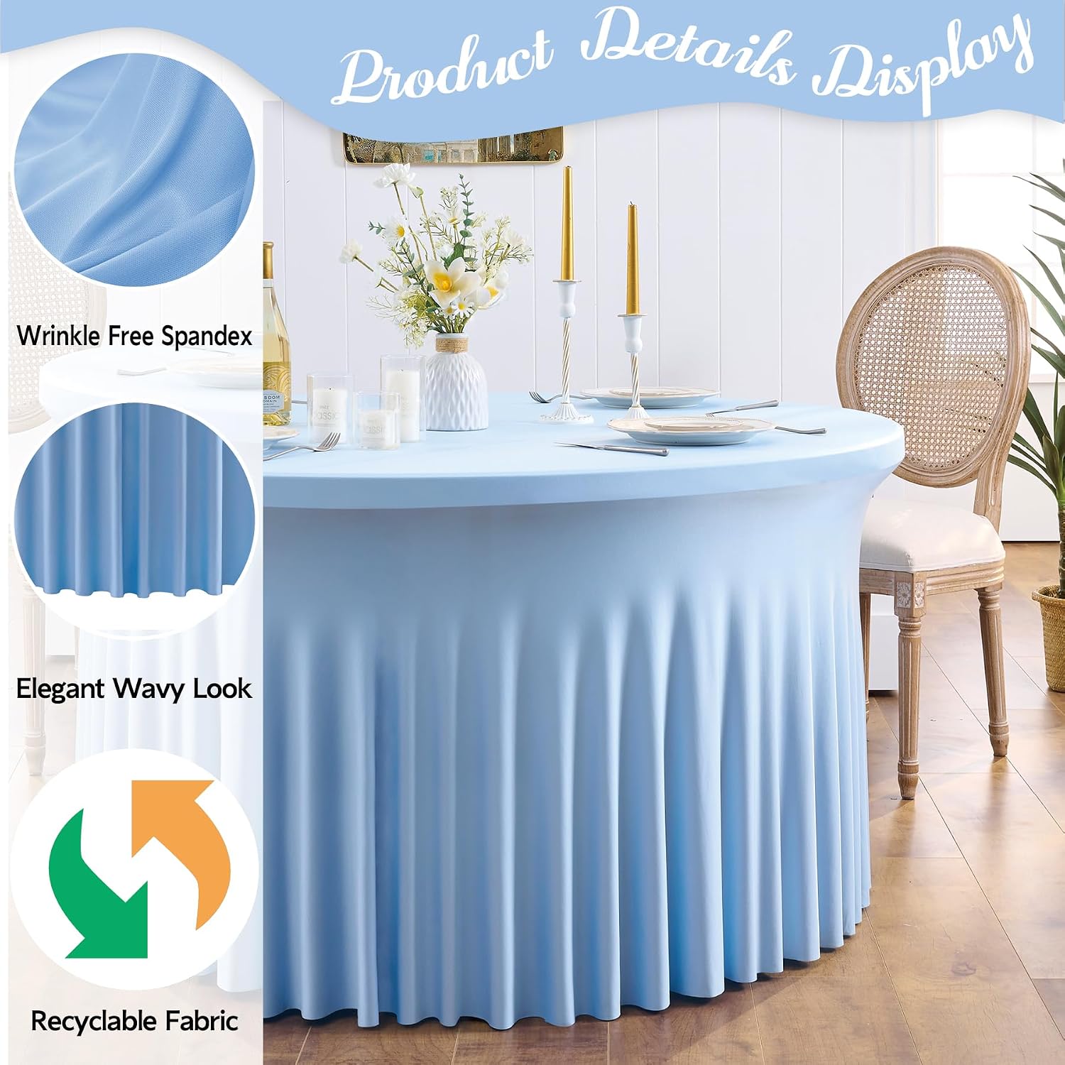 leegleri 6 Pack Blue Spandex Round Tablecloths for 72in Tables, Wrinkle Free, Stretchable, Fitted with Skirt for Wedding, Birthday, Banquet