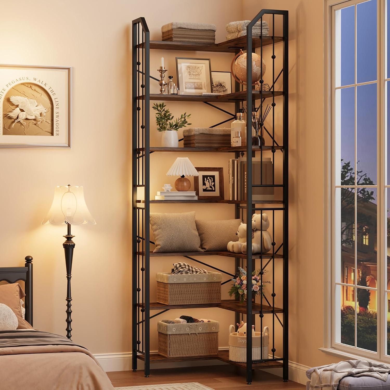 Takywep 86' Corner Bookshelf, l-Shaped 7 Tier Bookcase, Tall Corner Bookcase with Beaded Design, Large Display Shelf for Living Room Bedroom Brown