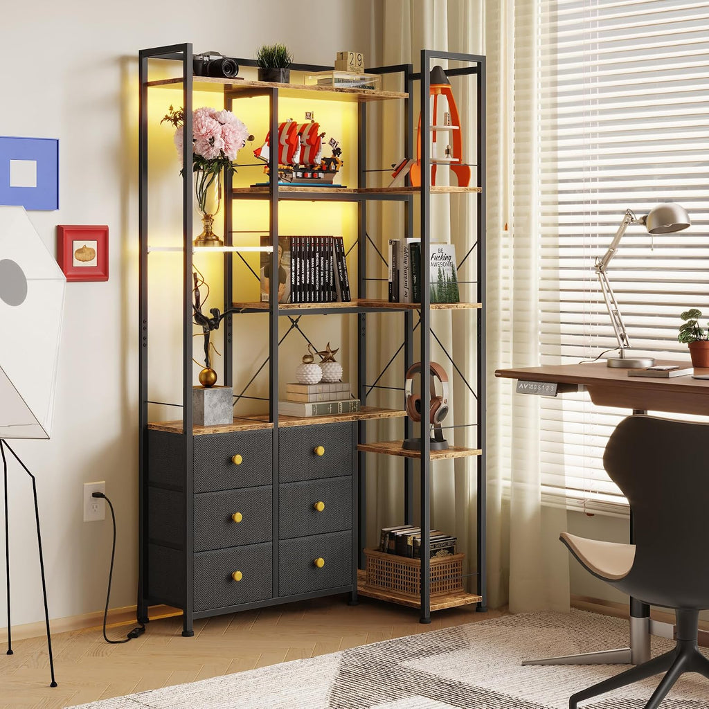 AFLUI Corner Bookshelf with LED Lights & 6 Fabric Drawers, 5-Tier Industrial L-Shaped Bookcase with Acrylic Display Shelf for Living Room, Office