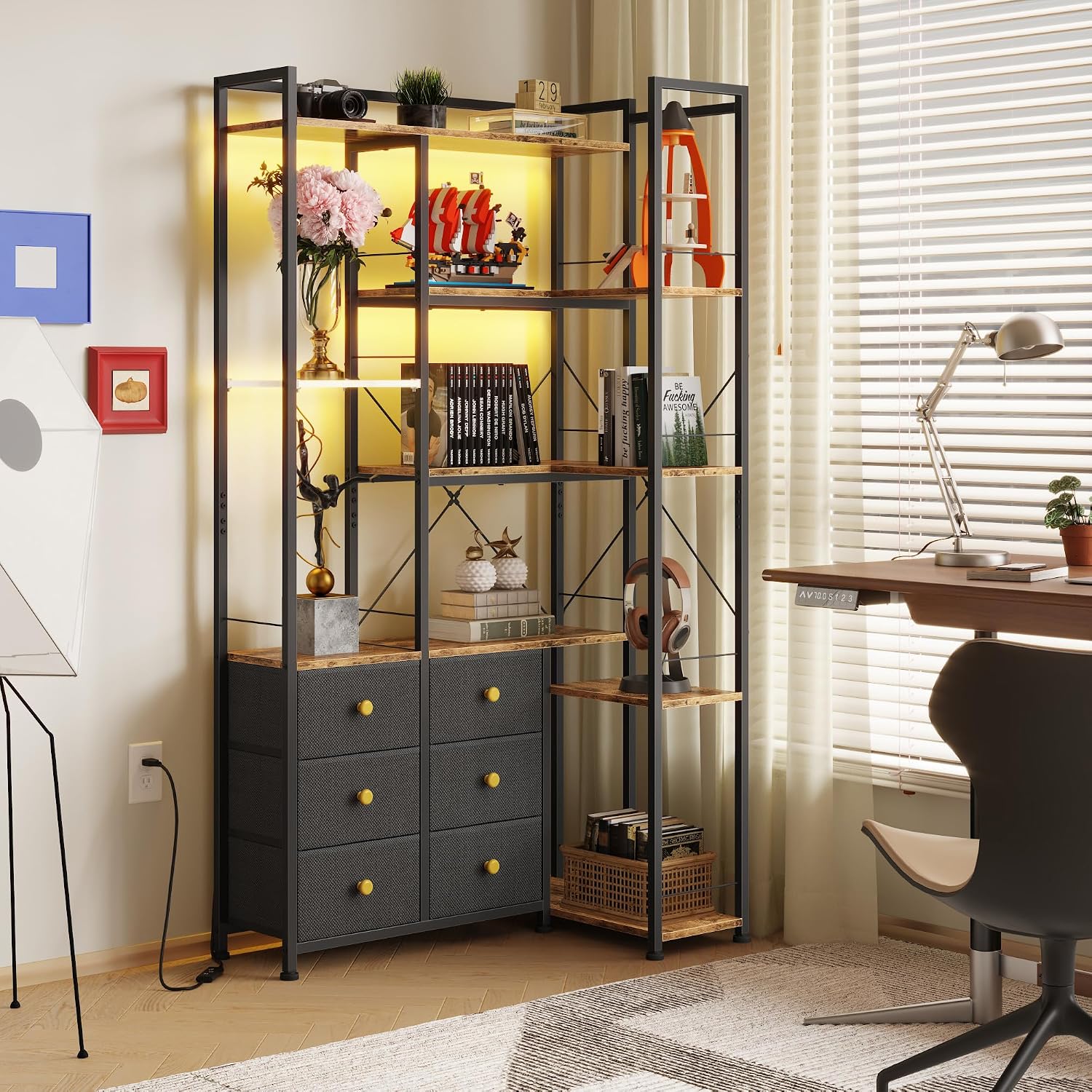 AFLUI Corner Bookshelf with LED Lights & 6 Fabric Drawers, 5-Tier Industrial L-Shaped Bookcase with Acrylic Display Shelf for Living Room, Office