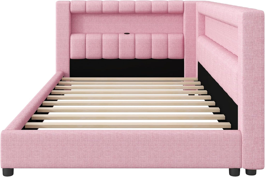 Upholstered Twin XL Size Daybed with LED and USB Ports, L-Shaped Corner Day Bed with Storage Shelves Headboard,Space Saving for Girls Adults Kids Boys, Pink
