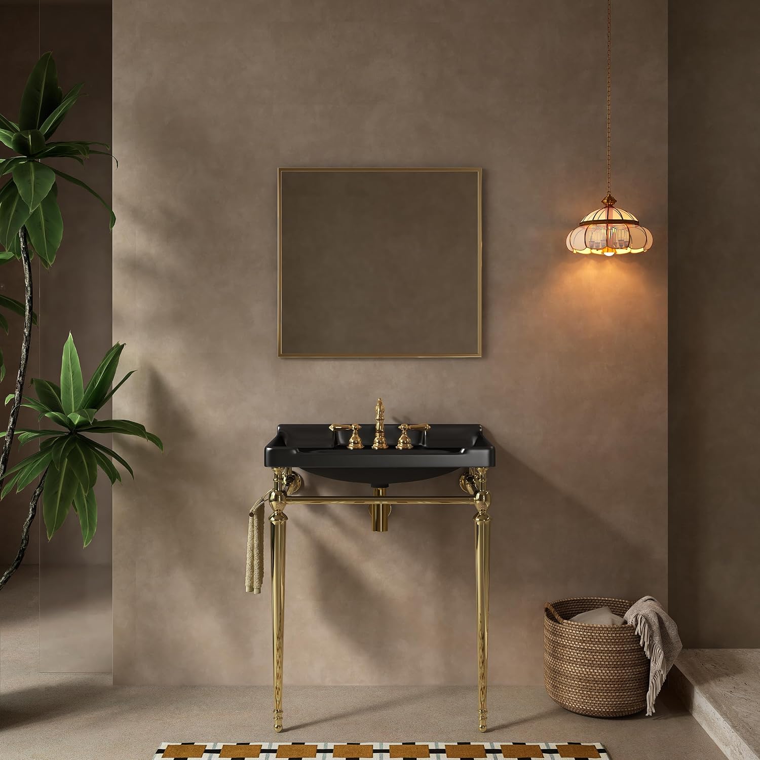 28' Bathroom Console Sink, Wall-Mounted White Ceramic Vanity Basin with 3 Pre-drilled Faucet Holes, Freestanding Gold Stainless Steel Support Legs with Towel Bar, No Faucet - Rome, Black