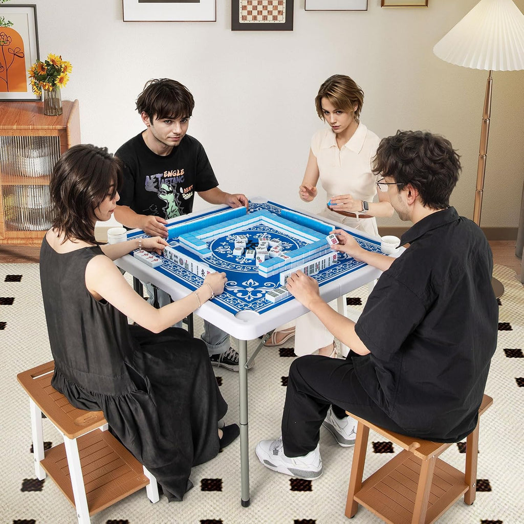 Goplus Mahjong Table, 35' Square Folding Card Table w/4Cup Holders, Anti Slip Mat, HDPE Tabletop, Metal Legs, Portable Mahjong Game Table for Domino Game, Picnic (Ocean Blue, Table w/Removable Mat)