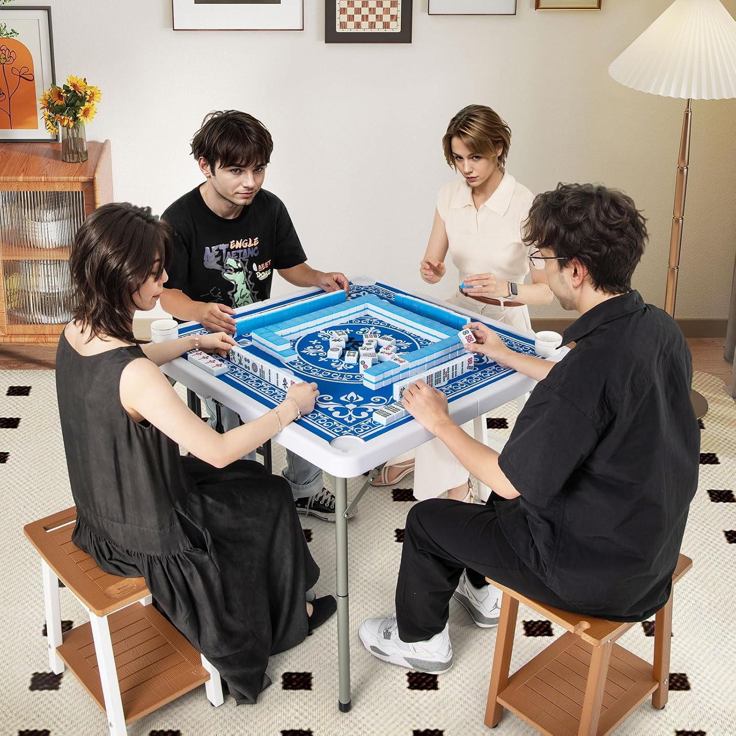 Goplus Mahjong Table, 35' Square Folding Card Table w/4Cup Holders, Anti Slip Mat, HDPE Tabletop, Metal Legs, Portable Mahjong Game Table for Domino Game, Picnic (Ocean Blue, Table w/Removable Mat)