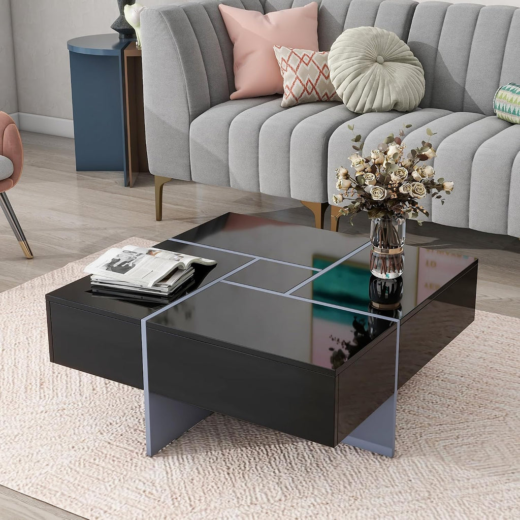 Merax Modern Square Coffee Table with 4 Hidden Storage Compartments, UV High-Gloss Design for Living Room, Black