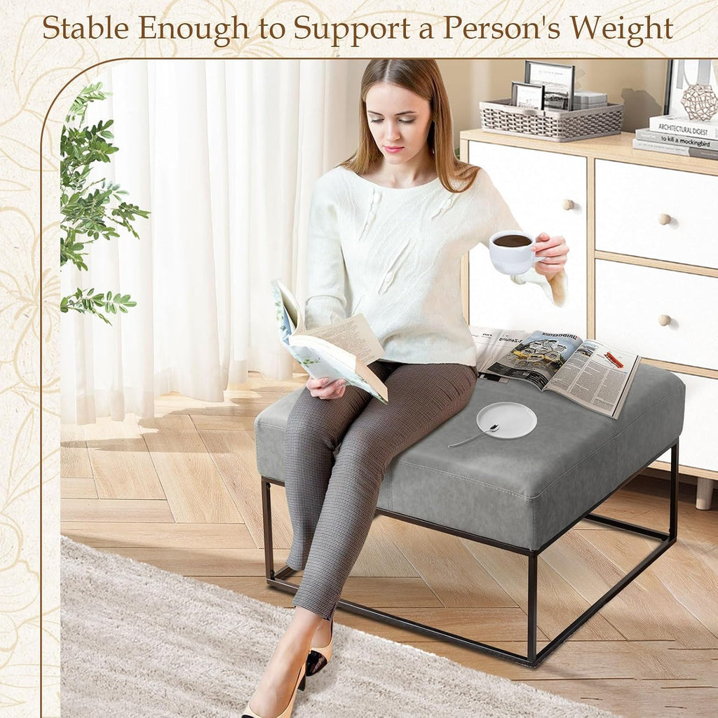 Modern Square Coffee Table, Farmhouse Ottoman for Living Room, Large Vintage Leather Coffee Tables with Leather Upholstered Padded Seat [Square, Vintage Gray, 30'']