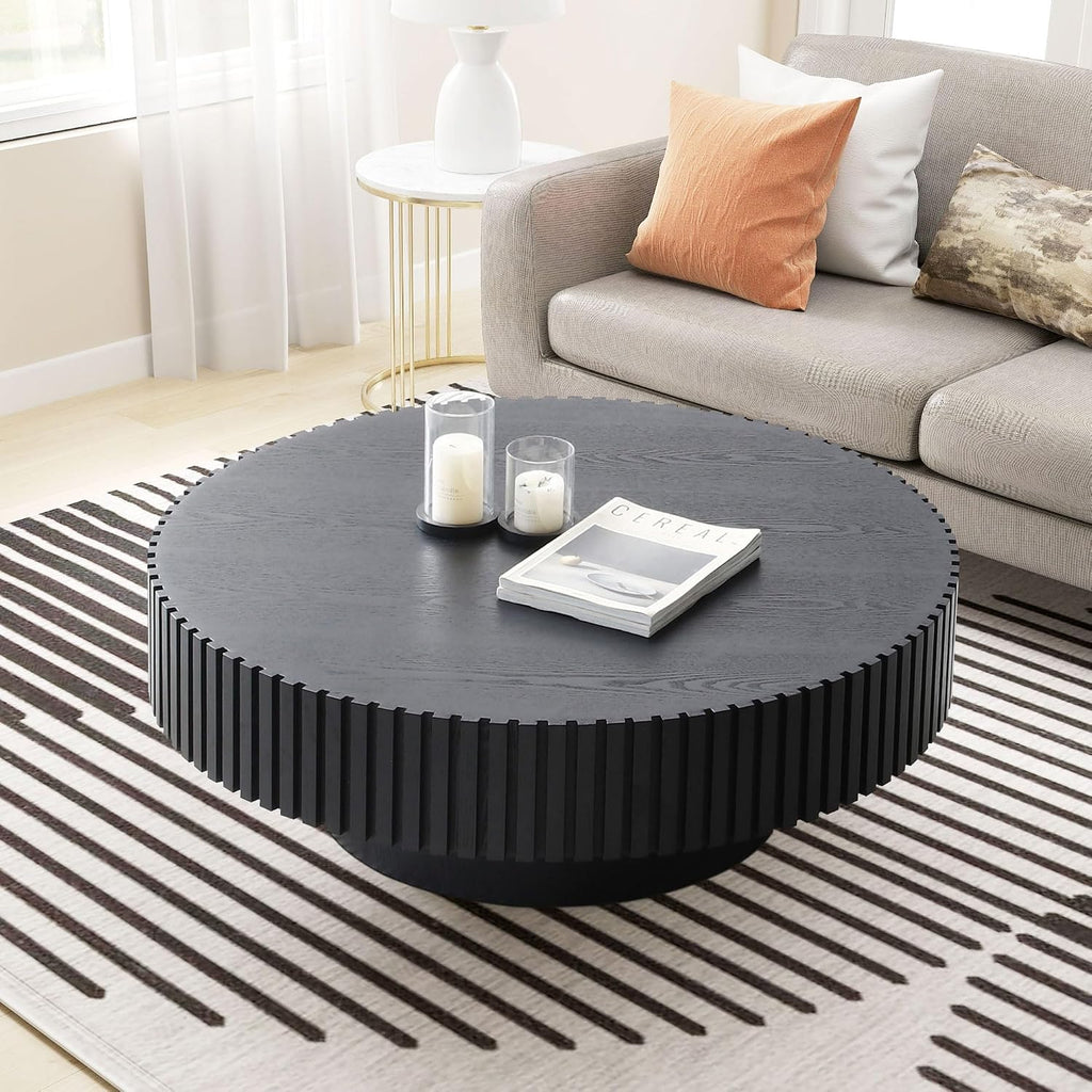 JUSTONE 39.4' Black Round Coffee Table for Living Room - Modern Farmhouse Walnut Drum Center Table with Artisanal Carved Detailing, No Assembly(39.4' Diameter x 13.4' Height)